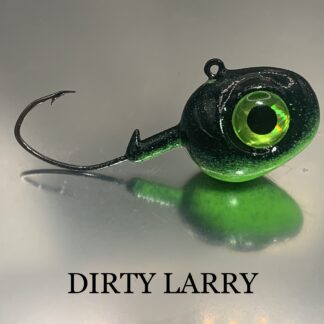 Close-up of a green and black fishing lure with a hook.