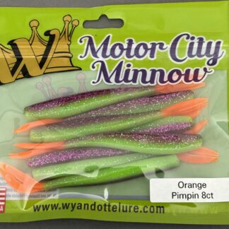 Colorful fishing lures with glitter and bright tails.